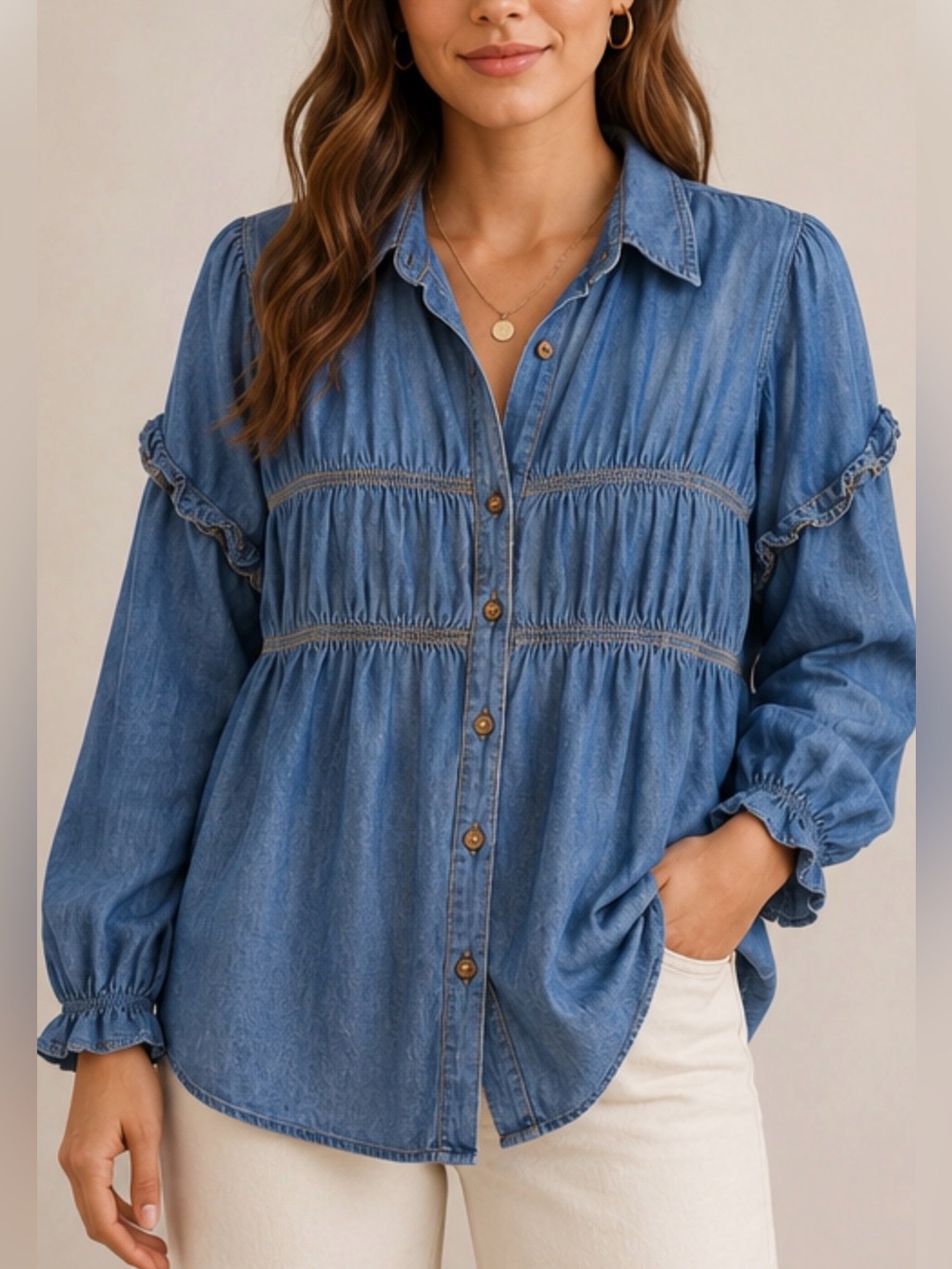 Qed London Chambray‎ Prairie Blouse Romantic Ruffle Trim Boho Button Up Top